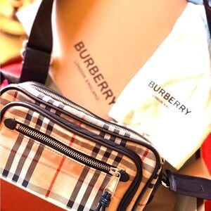 Burberry Men's Belt Bag - Black, Tan, and Red